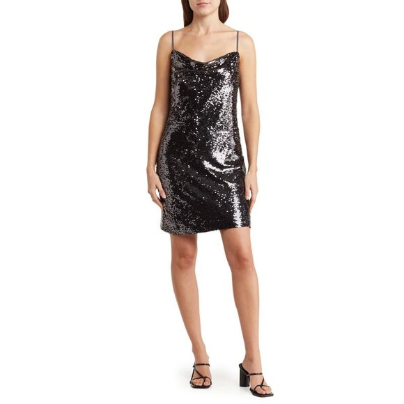 L'Agence Women Nyla Cowl Neck Sequin Slipdress Sleeveless Dress Black 6